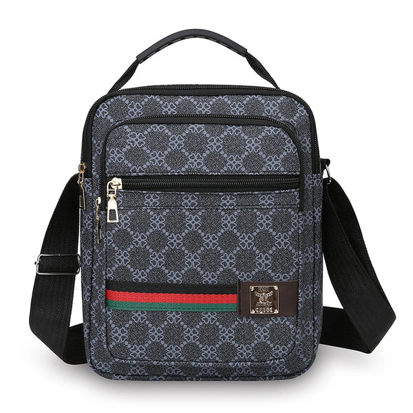A black and gray patterned multi-pocket crossbody sling bag with a black strap.