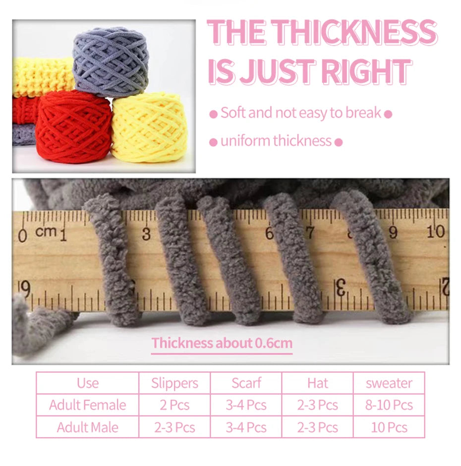 A close-up of thick gray chenille yarn showing its texture and thickness measured against a ruler.