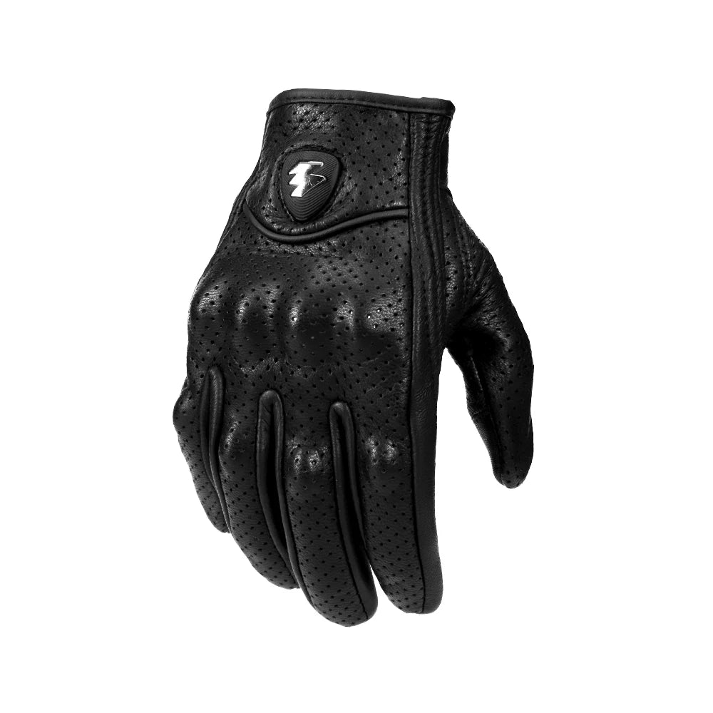 Black carbon fiber motorcycle gloves with a logo on the back