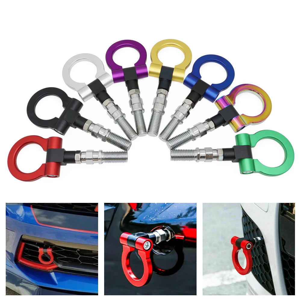 A set of universal racing tow hooks in various colors including black, silver, purple, yellow, and blue.