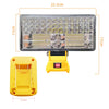 A yellow cordless LED work light with multiple USB charging ports and a rectangular light panel.