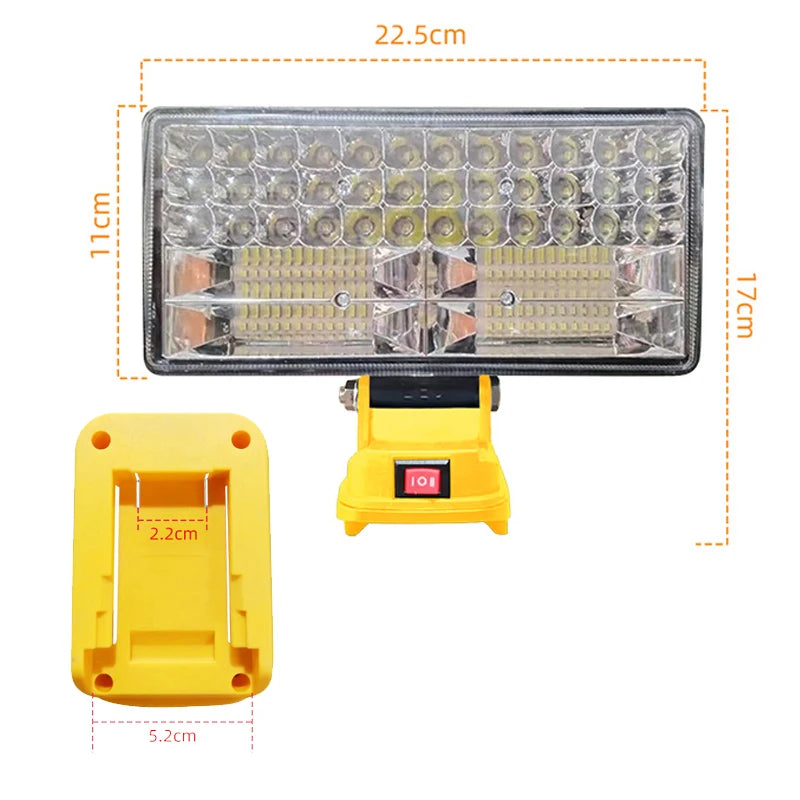 A yellow cordless LED work light with multiple USB charging ports and a rectangular light panel.