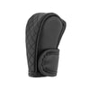 Black PU leather car gear shift cover with quilted texture and a leather grip.