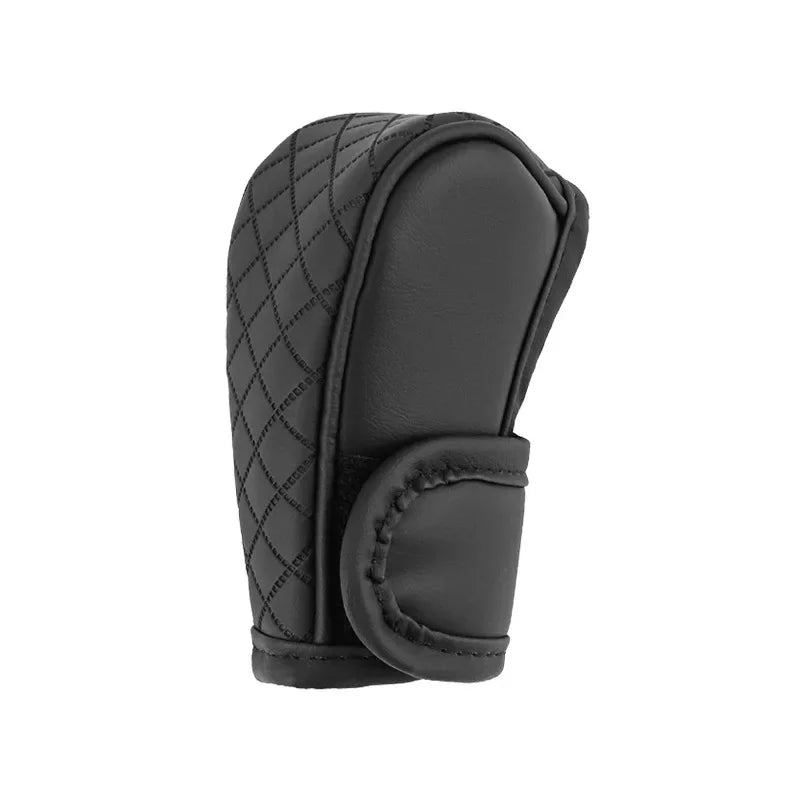 Black PU leather car gear shift cover with quilted texture and a leather grip.