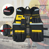 Black and yellow reflective tool vest with multiple pockets and a phone holder worn by a person.