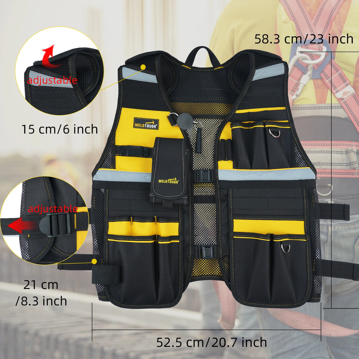 Black and yellow reflective tool vest with multiple pockets and a phone holder worn by a person.
