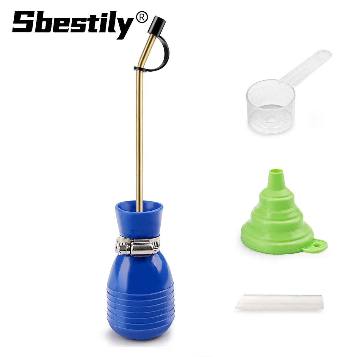 Handgehaltener Staub-Duster mit Messingstab und blauem Sockel, inklusive Glas-Tropfer und weißer Applikator.