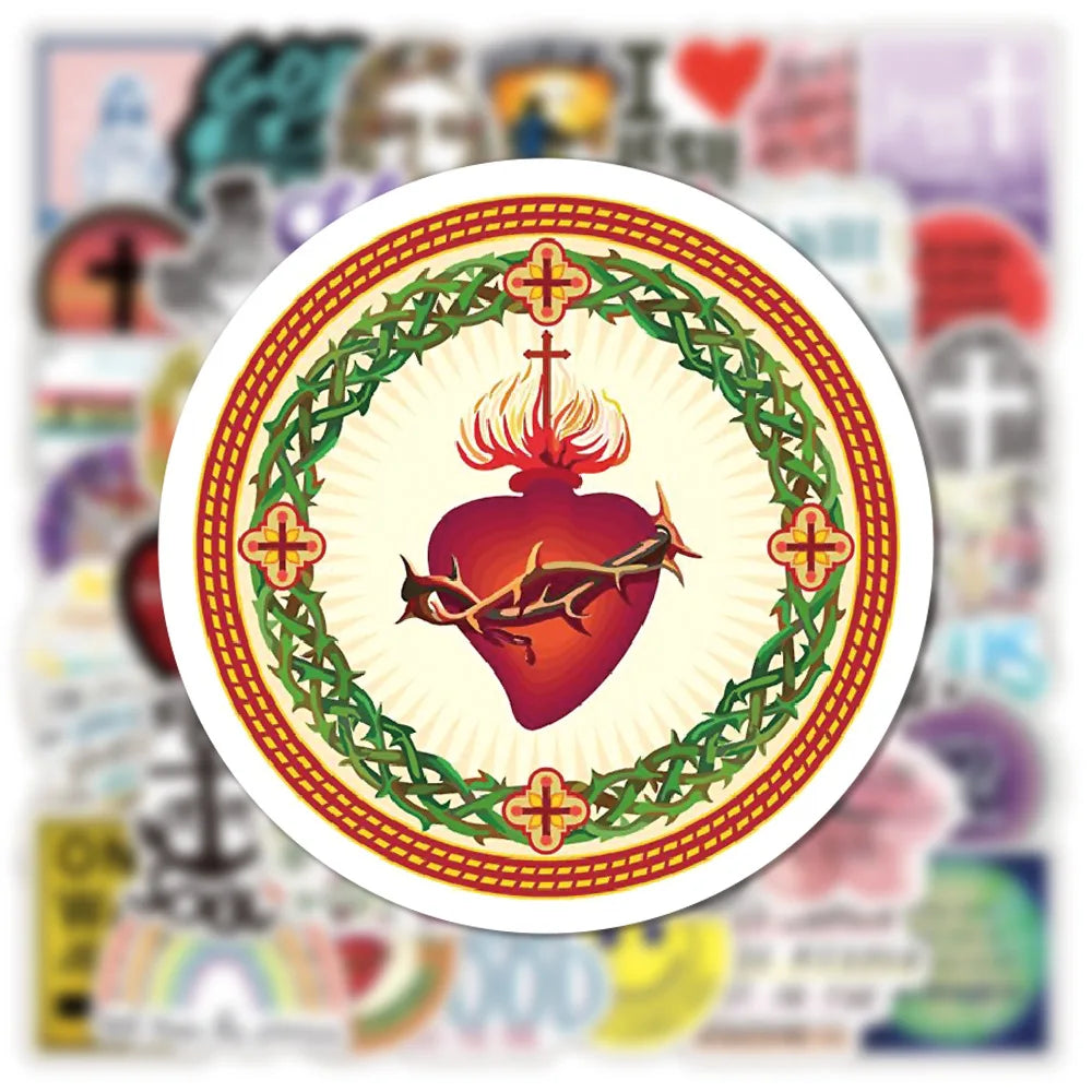 A round sticker featuring a red heart with a cross, surrounded by a green wreath and gold border.