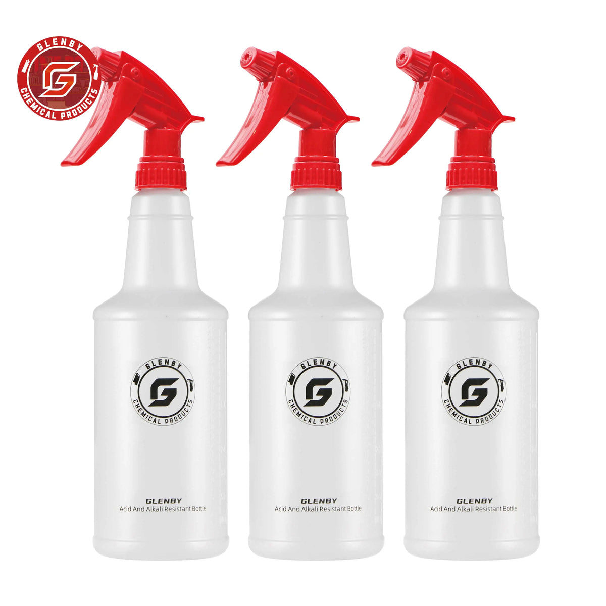 Three red Glenby acid and alkali resistant spray bottles with nozzles shown side by side.