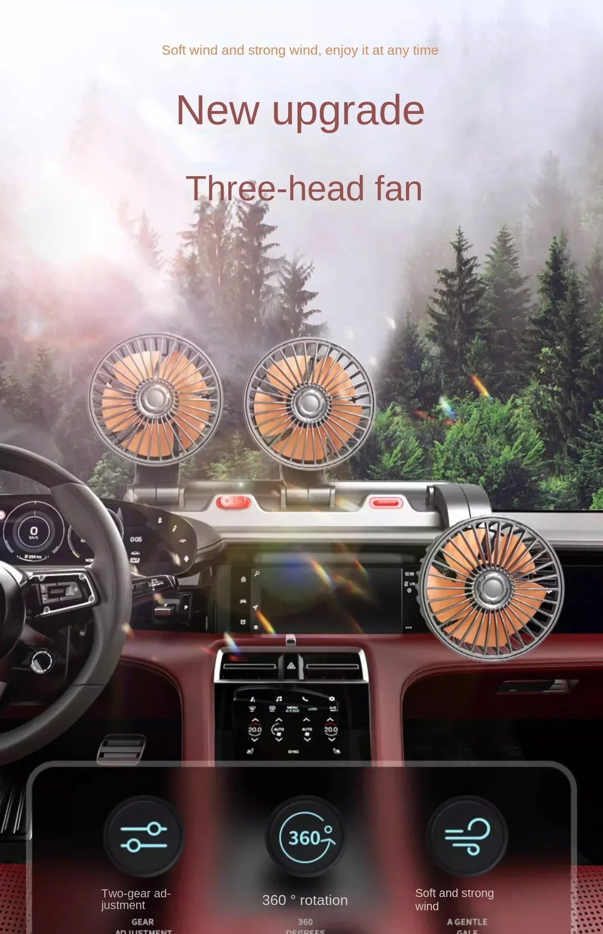 Interior view of a car dashboard showing a new upgrade three-head fan with orange blades and controls.