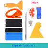 A set of seven vinyl wrap and film application tools including a spatula, orange tool, black and blue film pieces, a knife, a