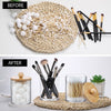 Before and after comparison of an acrylic bathroom storage set with bamboo lids
