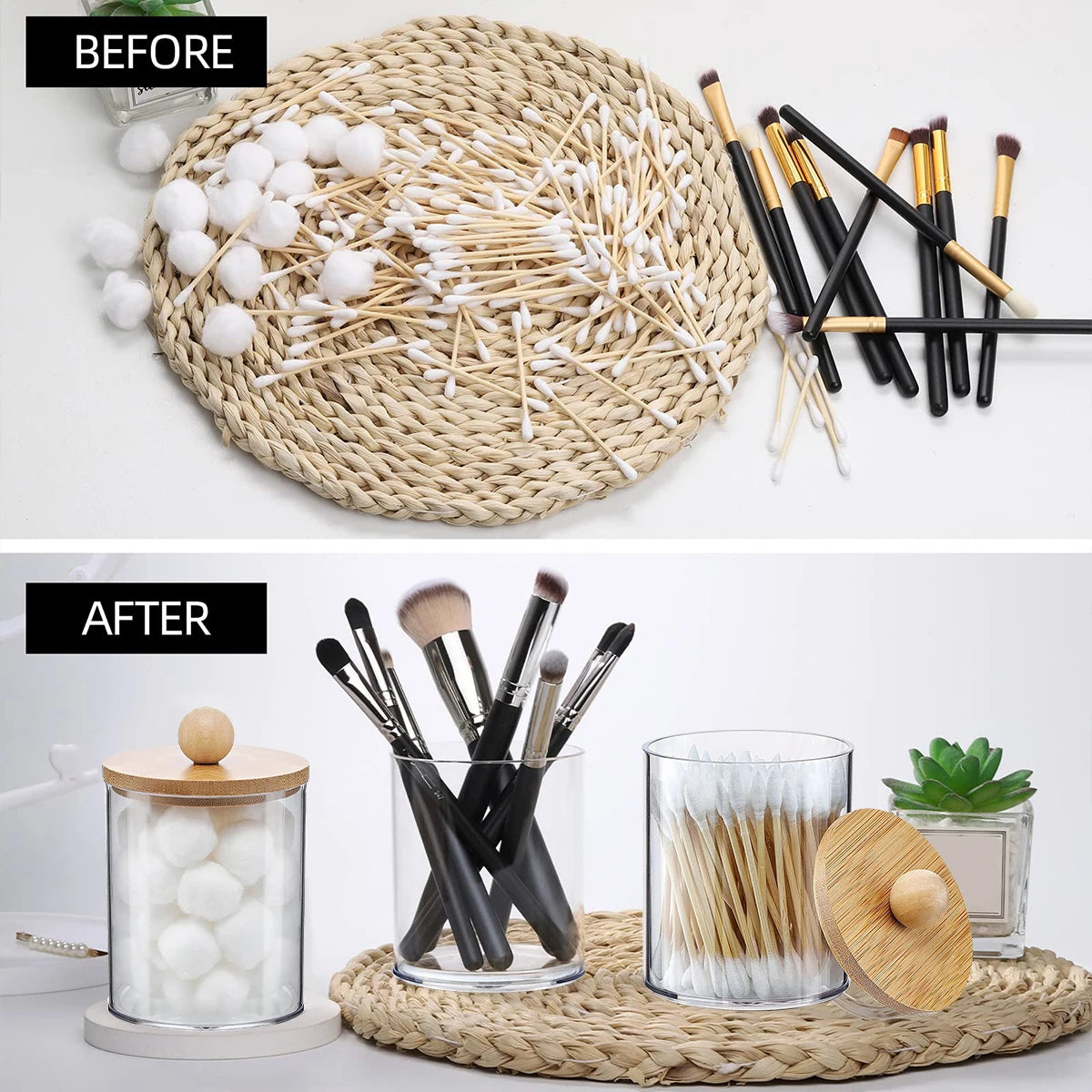 Before and after comparison of an acrylic bathroom storage set with bamboo lids for organizing makeup brushes.