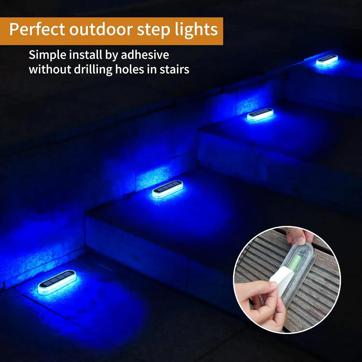 Blue LED step lights installed adhesively on stairs and paths.