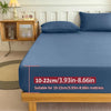 A blue fitted bed sheet with an elastic band is shown on a bed, suitable for 10-22cm mattresses.