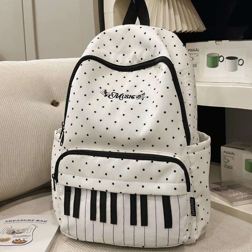 Polka Dot Backpack with Piano Key Design – Large Capacity Travel Daypack