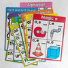 A colorful set of phonics learning cards featuring alphabet letters, sounds, blends, and magic e patterns for early readers.