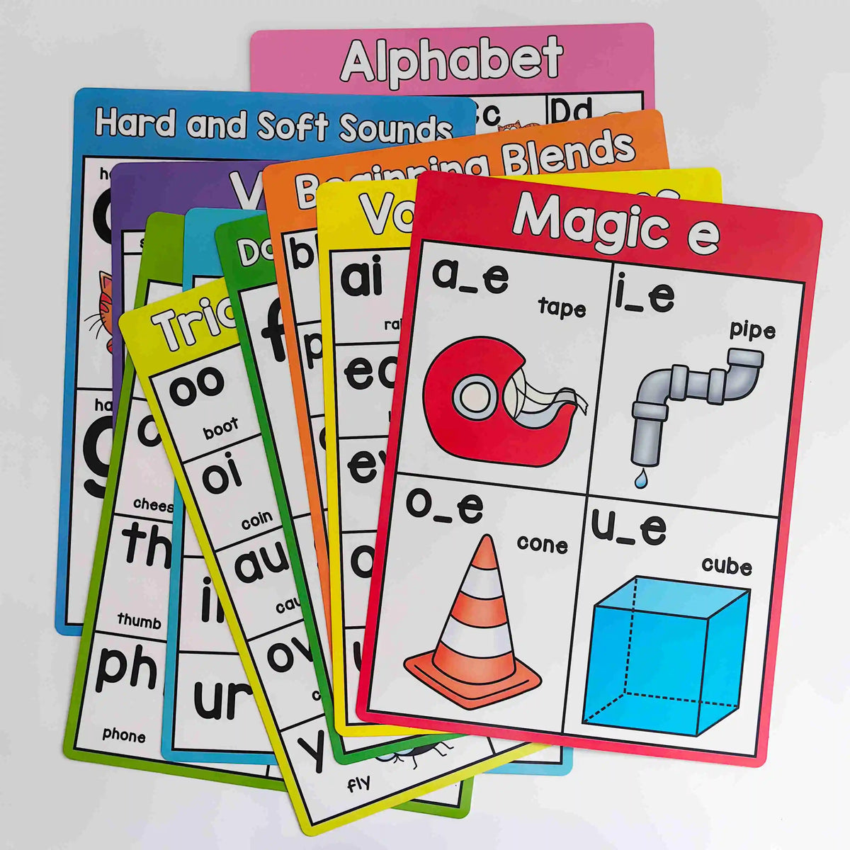 A colorful set of phonics learning cards featuring alphabet letters, sounds, blends, and magic e patterns for early readers.