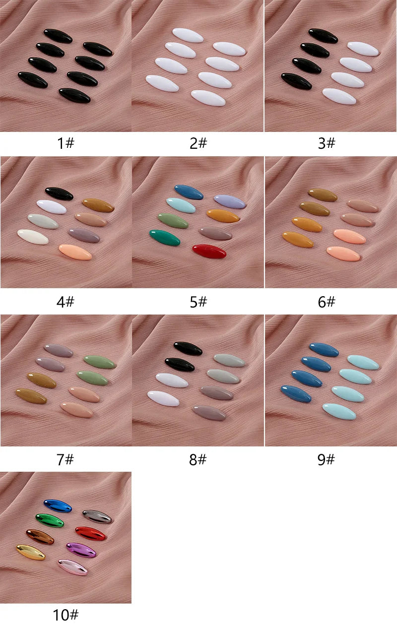 A set of ten solid color scarf pins for hijabs and wraps, displayed in numbered groups.