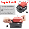 Instructions show how to easily install and remove a power tool battery adapter by connecting the power adapter to a groove.