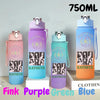 A set of three 750ml portable sports water bottles in pink, purple, and blue colors.