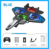 A black and blue LED light foam stunt airplane with thrusters and control components.