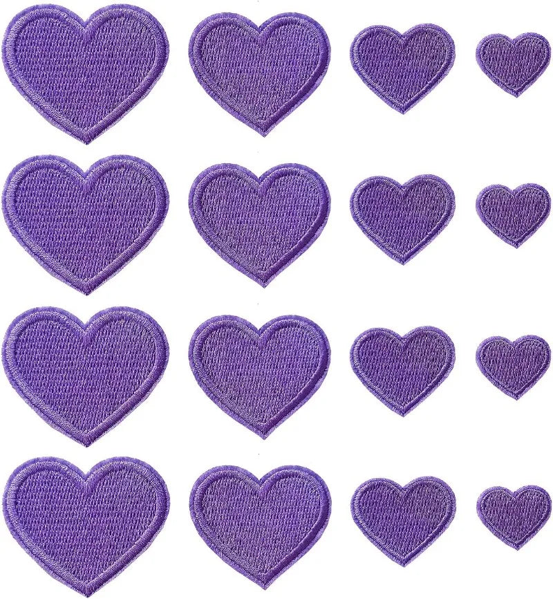 A collection of twenty-four purple embroidered heart iron-on patches.