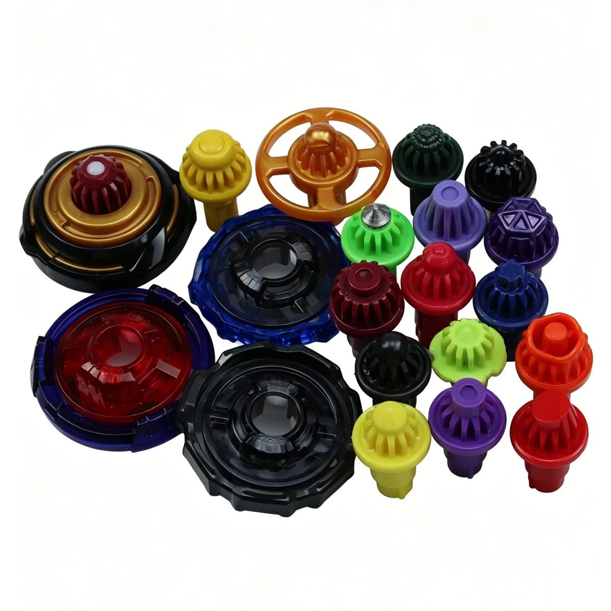 A collection of colorful spinning tops and customization accessories in various colors and shapes.