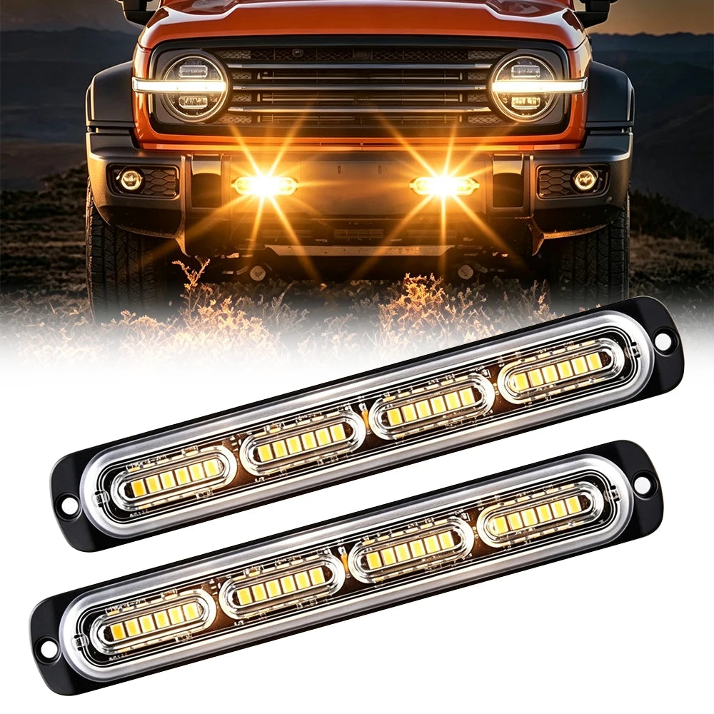 Two long amber strobe warning light bars for vehicle headlights