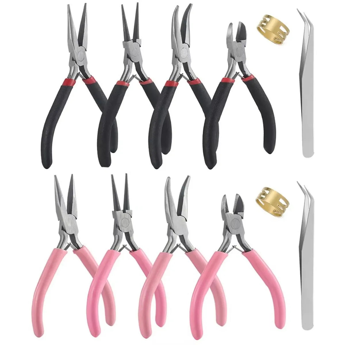 A set of jewelry making tools including pliers, tweezers, and a ring sizer in various colors.