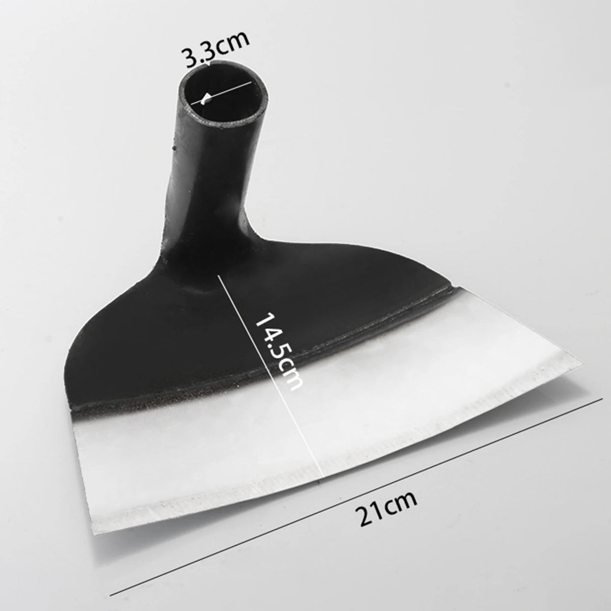 A black stainless steel garden hoe with a 3.3cm opening and a 1.45cm blade, shown against a white background.