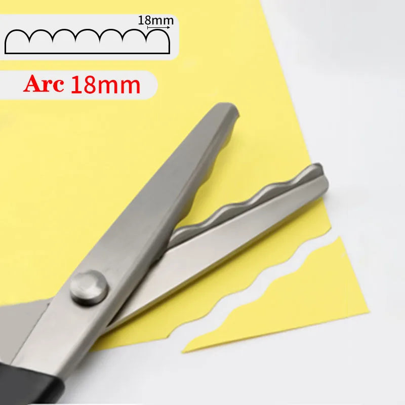 Stainless steel pinking shears with an arc measurement line shown on a yellow background