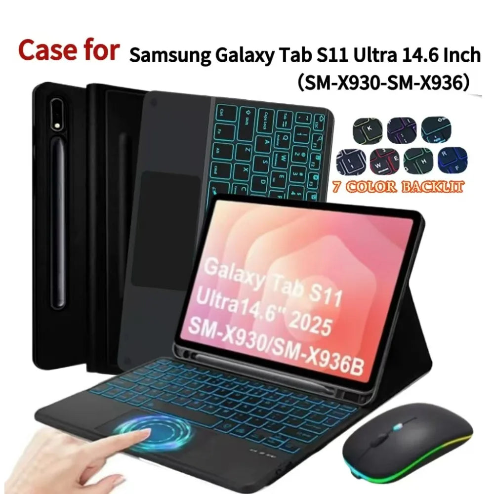 A black case for the Samsung Galaxy Tab S11 Ultra tablet showing various color backlights and a wireless mouse.