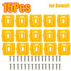 15 pieces of yellow universal wall-mount battery holders for Dewalt power tools, including mounting brackets and screws.