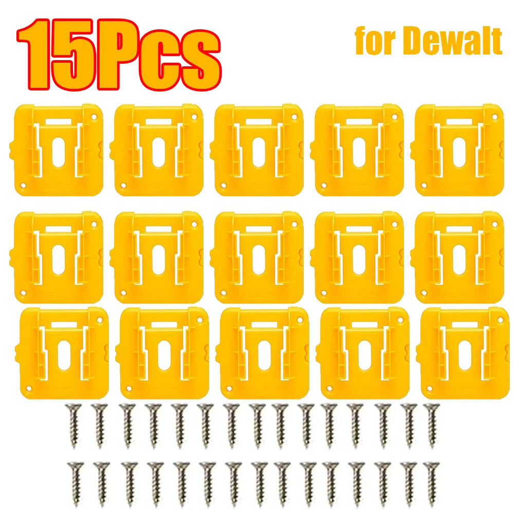 15 pieces of yellow universal wall-mount battery holders for Dewalt power tools, including mounting brackets and screws.