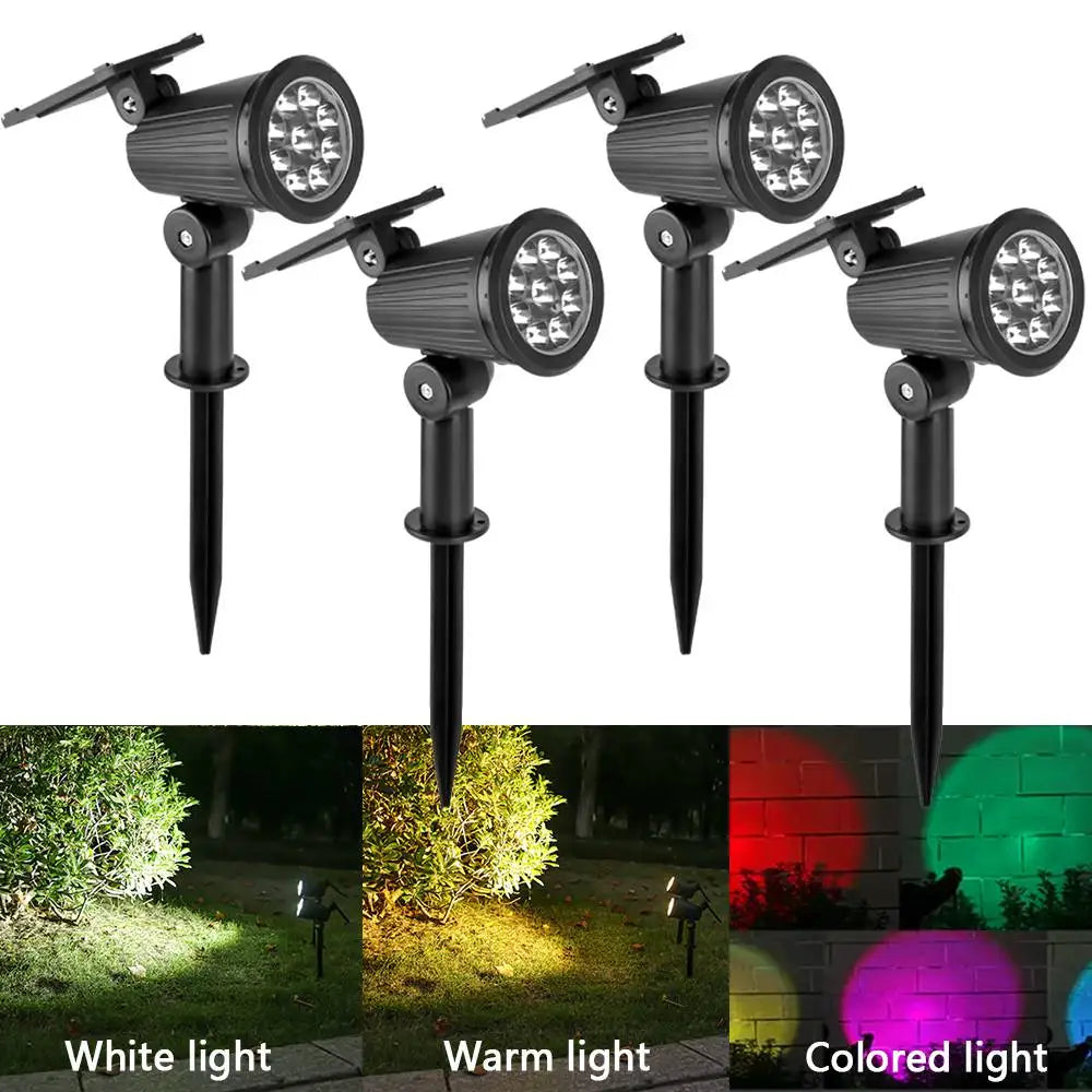 Three solar-powered outdoor spotlights showing white, warm, and colored light options.