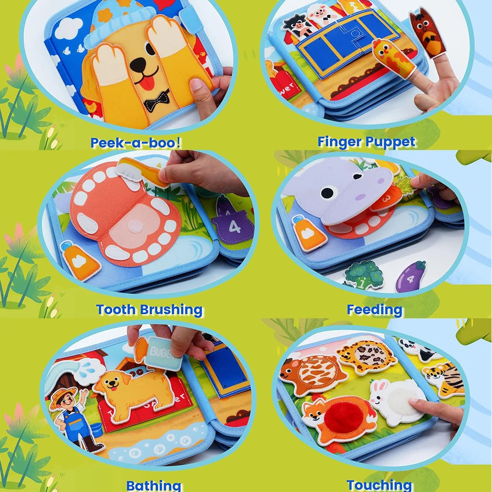 A set of felt activity boards for toddlers showing various skills like peeking, finger puppet play, brushing teeth, feeding, 