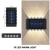 A solar powered wall light featuring a photovoltaic panel and ten warm LED lights illuminating a textured wall.