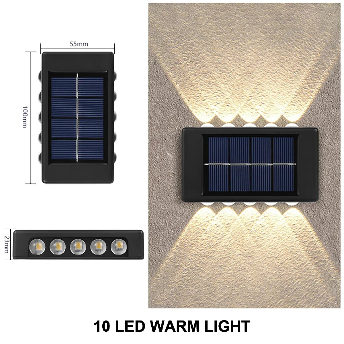 A solar powered wall light featuring a photovoltaic panel and ten warm LED lights illuminating a textured wall.