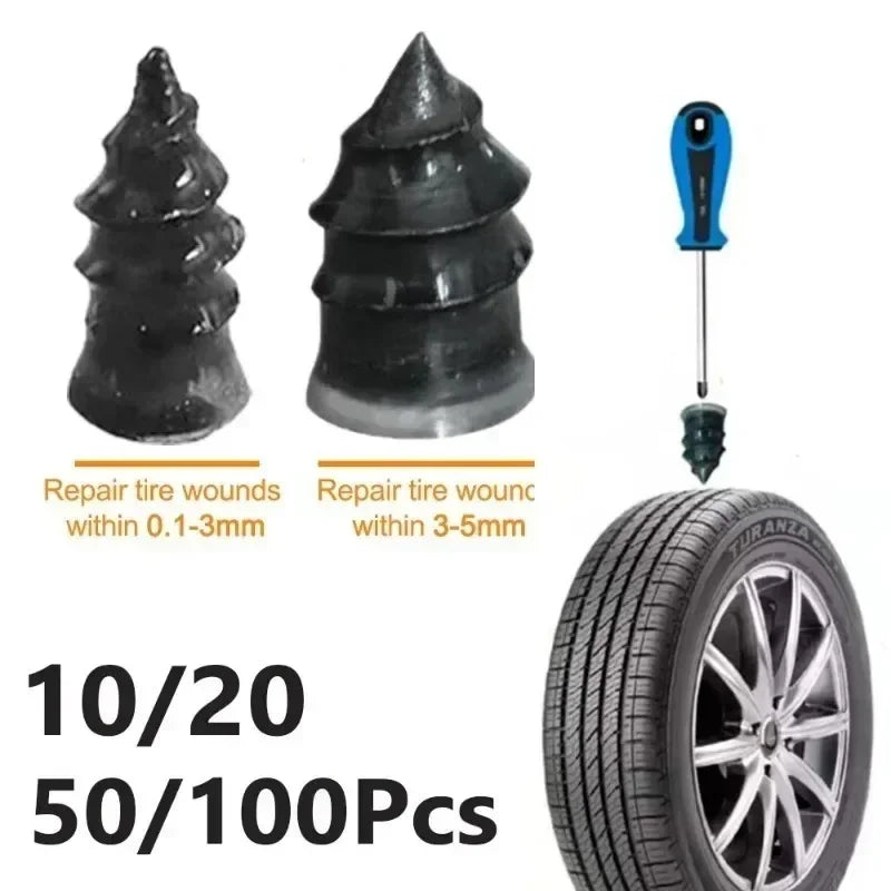 A set of universal tire repair nails for various vehicles, including a tire and a nail.