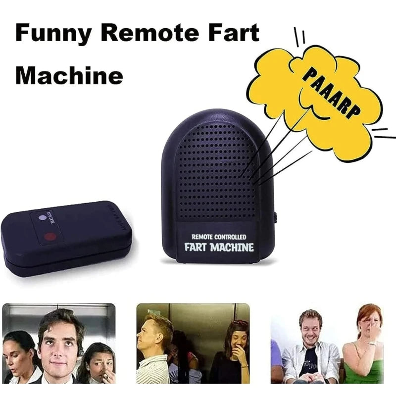 A black remote controlled fart machine is shown next to several men.