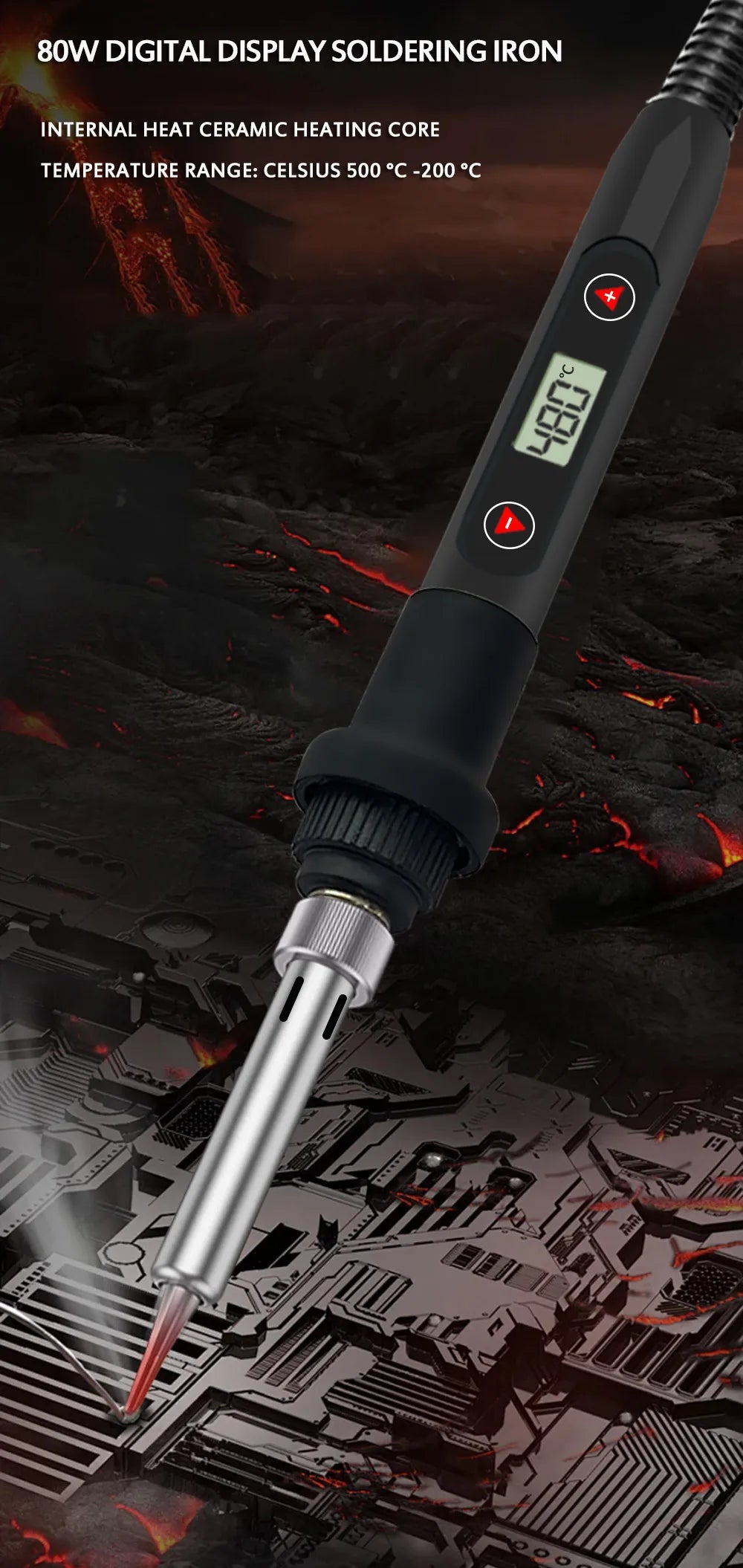 A close-up view of a black soldering iron with an LCD display showing 480°C, set against a dark background.