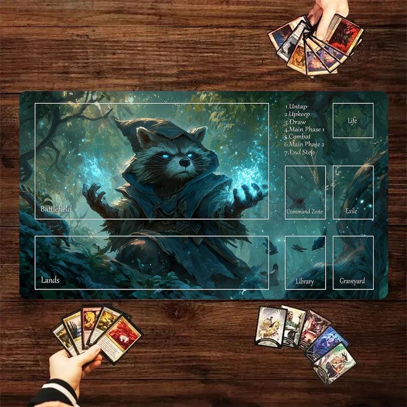 Fantasy Card Playmat with Rabbit Archer & Raccoon Design
