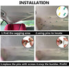 Installation guide showing how to find sagging areas, locate with pins, replace pins with screws, and snap the buckles for ca