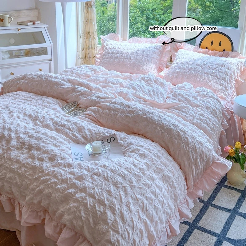 Seersucker Duvet Cover Set with Lace Trim