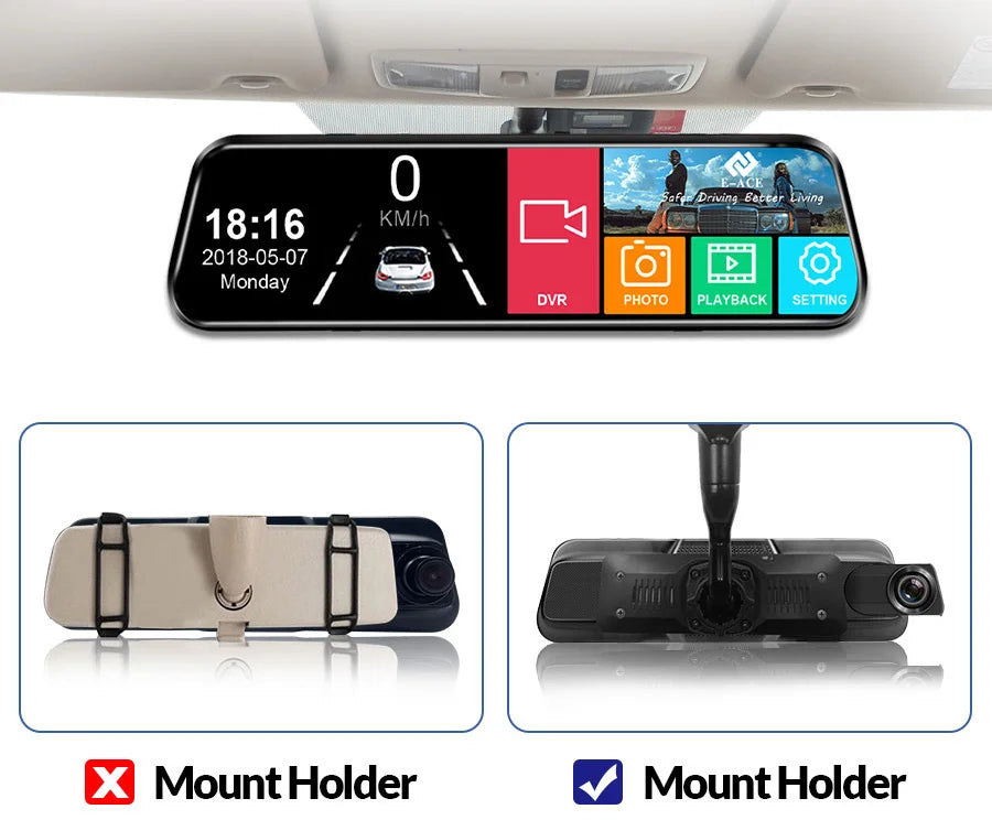 Schwarzes Dual-Channel-Auto-DVR-Gerät mit Halter für die Montage im Fahrzeug.