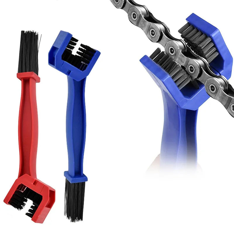 A set of universal chain cleaning brushes in red and blue plastic for motorcycles and bicycles