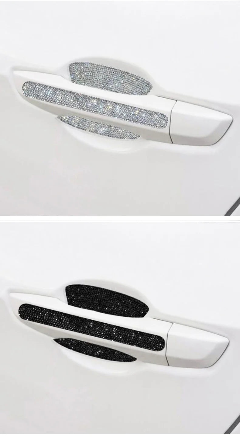 White car door handle scratch protection sticker set with silver and black diamond patterns