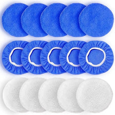 A set of 15 car polishing pads featuring blue microfiber and white wool bonnets.