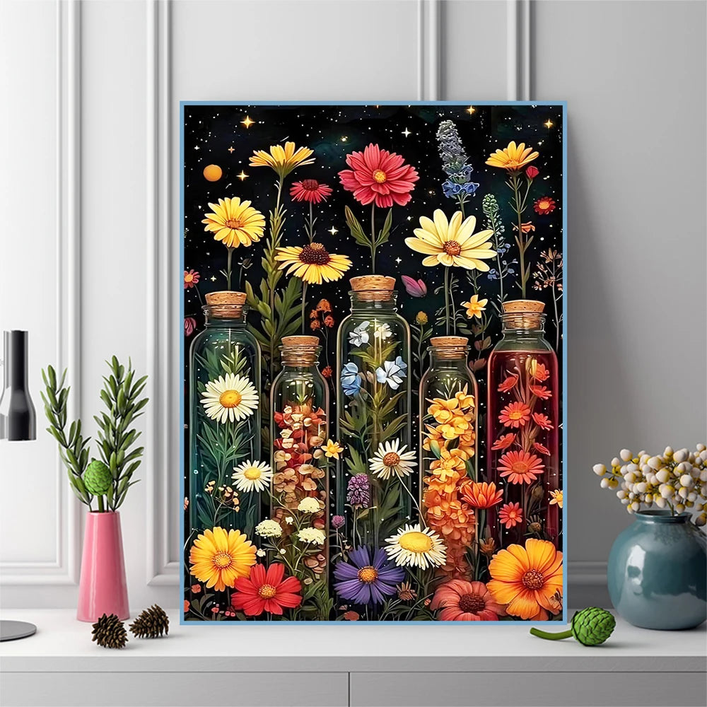 A vibrant floral diamond painting kit featuring colorful flowers and foliage against a dark background.